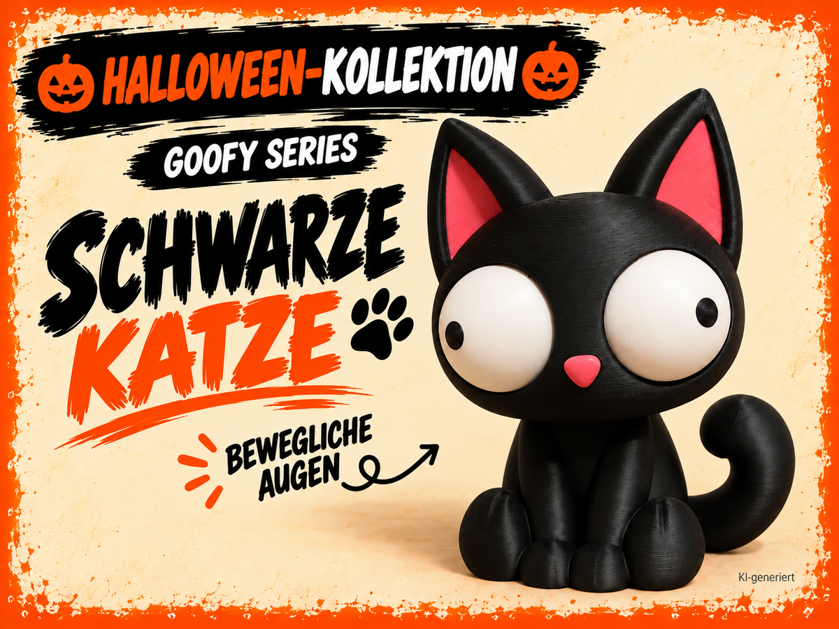 Goofy Series schwarze Katze mit beweglichen Augen – deutsche Produktgrafik, KI-generiert