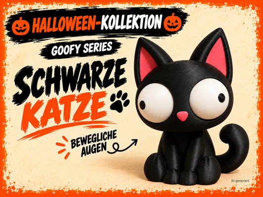 Goofy Series schwarze Katze mit beweglichen Augen – deutsche Produktgrafik, KI-generiert
