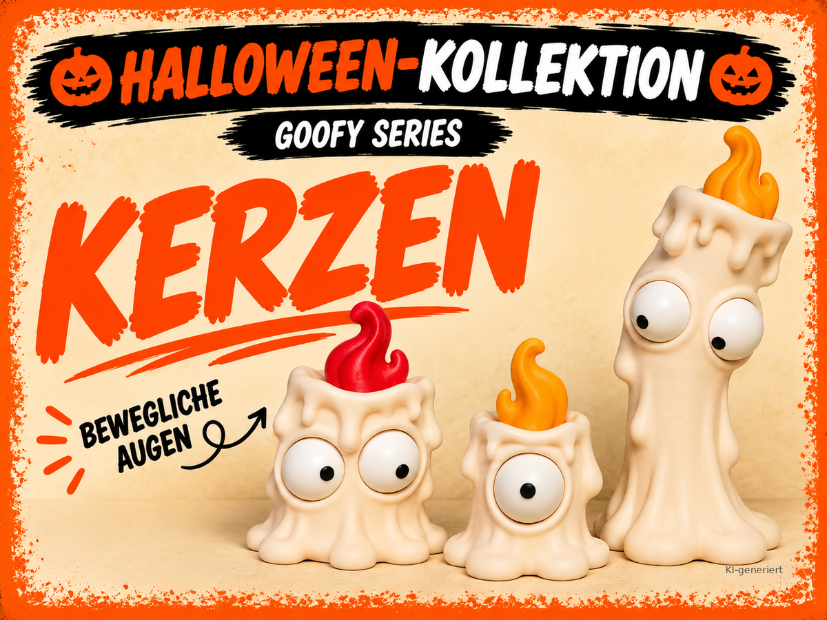 Goofy Series Kerzen mit beweglichen Augen – deutsche Produktgrafik, KI-generiert