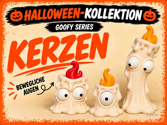 Goofy Series Kerzen mit beweglichen Augen – deutsche Produktgrafik, KI-generiert
