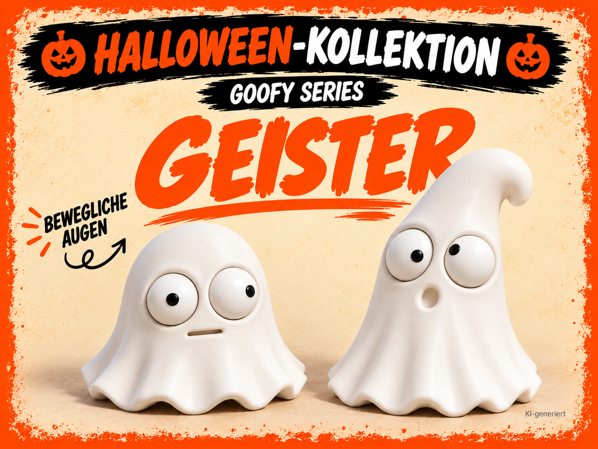 Goofy Series Geister mit beweglichen Augen – deutsche Produktgrafik, KI-generiert
