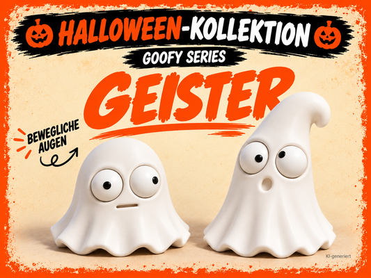 Goofy Series Geister mit beweglichen Augen – deutsche Produktgrafik, KI-generiert