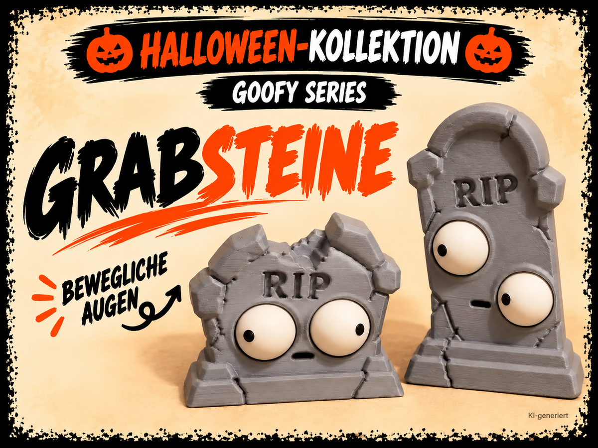 Goofy Series Grabsteine mit beweglichen Augen – deutsche Produktgrafik, KI-generiert