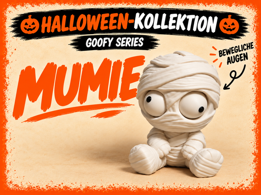 Goofy Series Mumie mit beweglichen Augen – deutsche Produktgrafik, KI-generiert