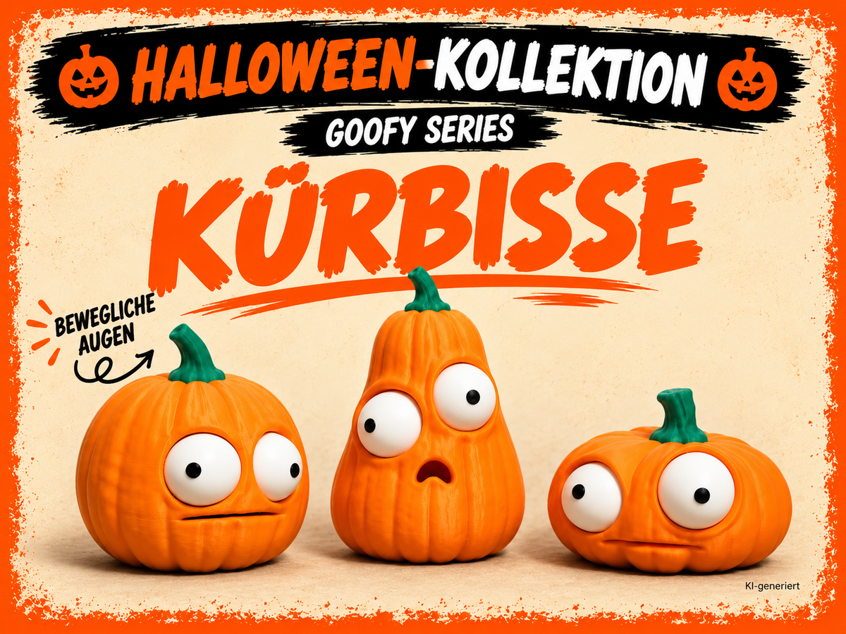 Goofy Series Kürbisse mit beweglichen Augen – deutsche Produktgrafik, KI-generiert